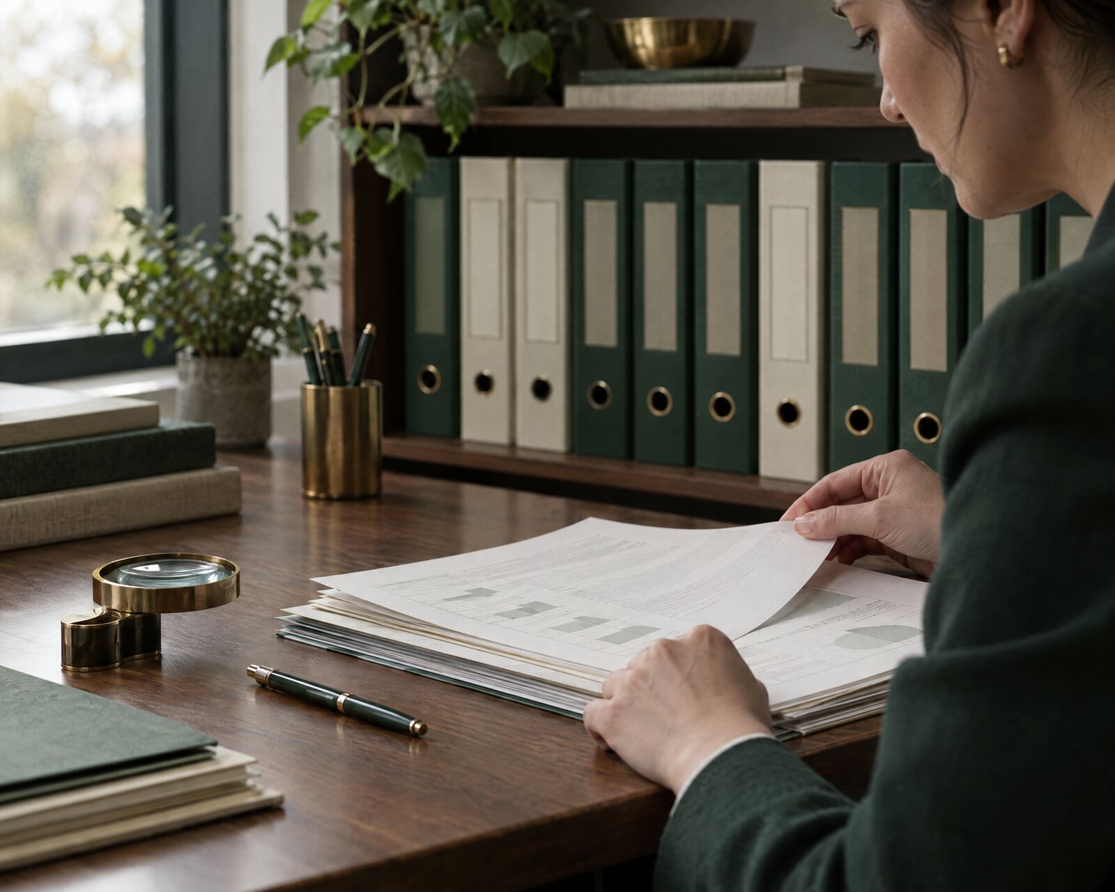 A professional reviewing financial statements beside rows of archive binders