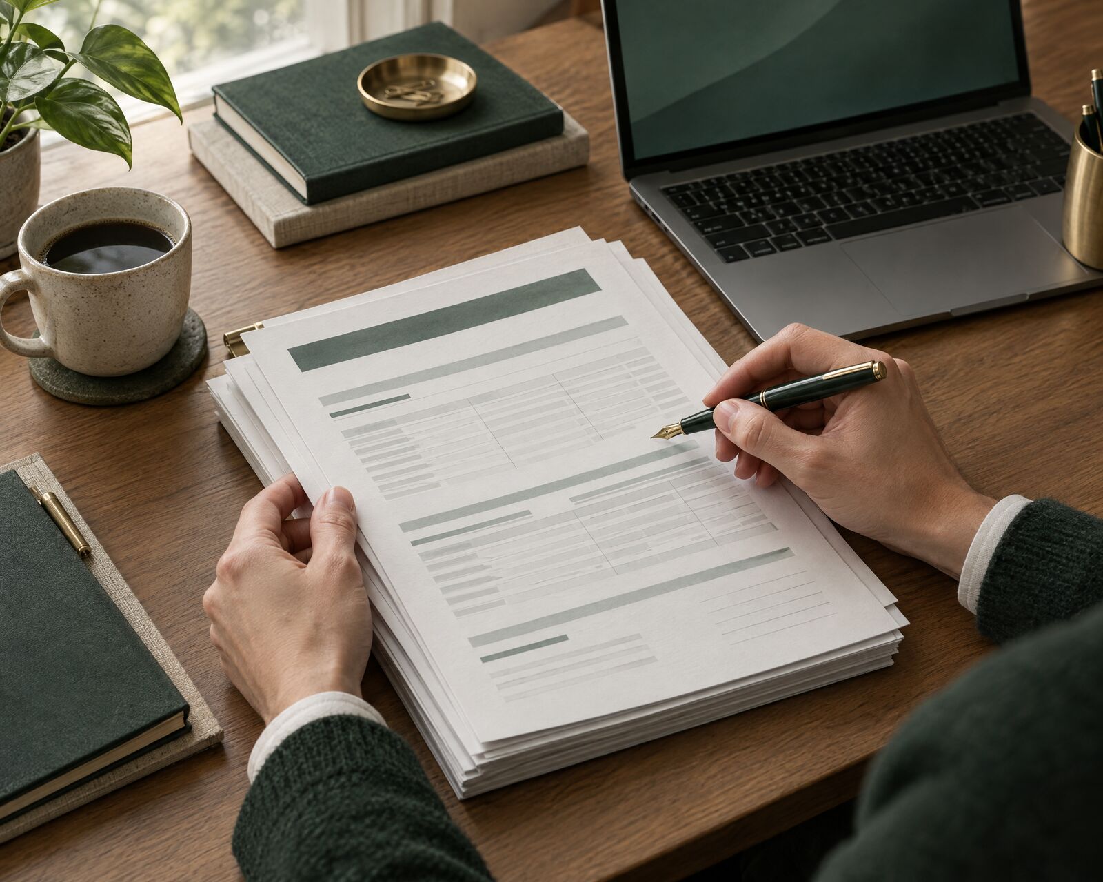 An accountant reviewing a neat stack of reconciliations with a fountain pen