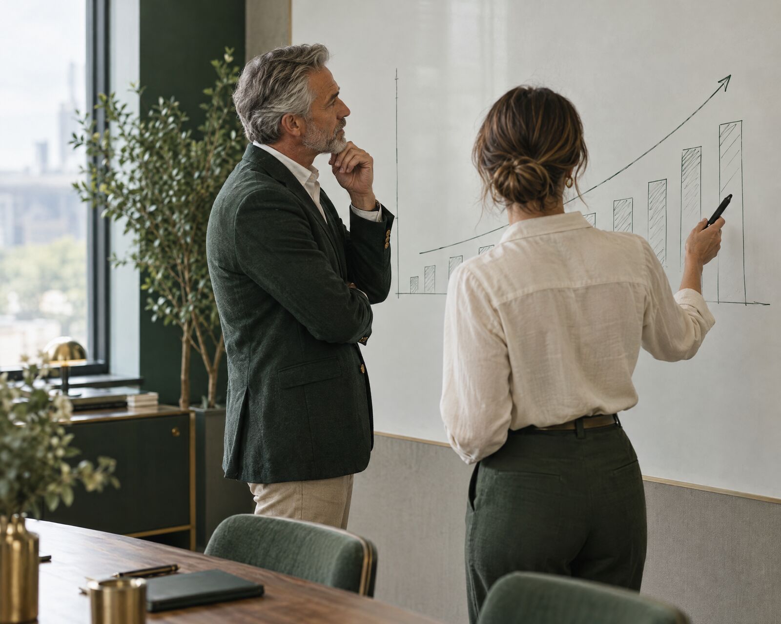 An advisor and a company leader discussing a cash flow chart at a whiteboard
