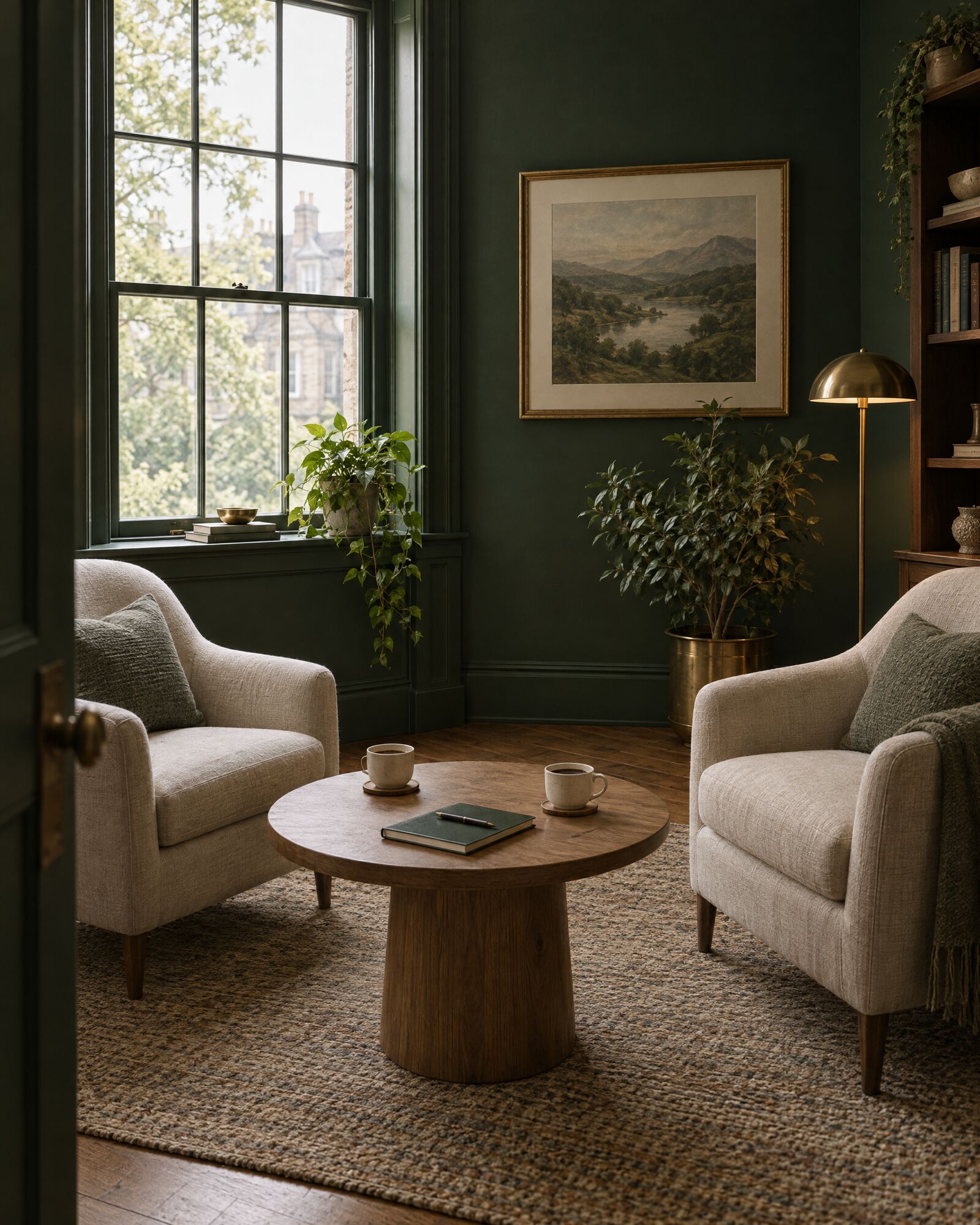 Two armchairs facing each other across a small table in a calm consulting room