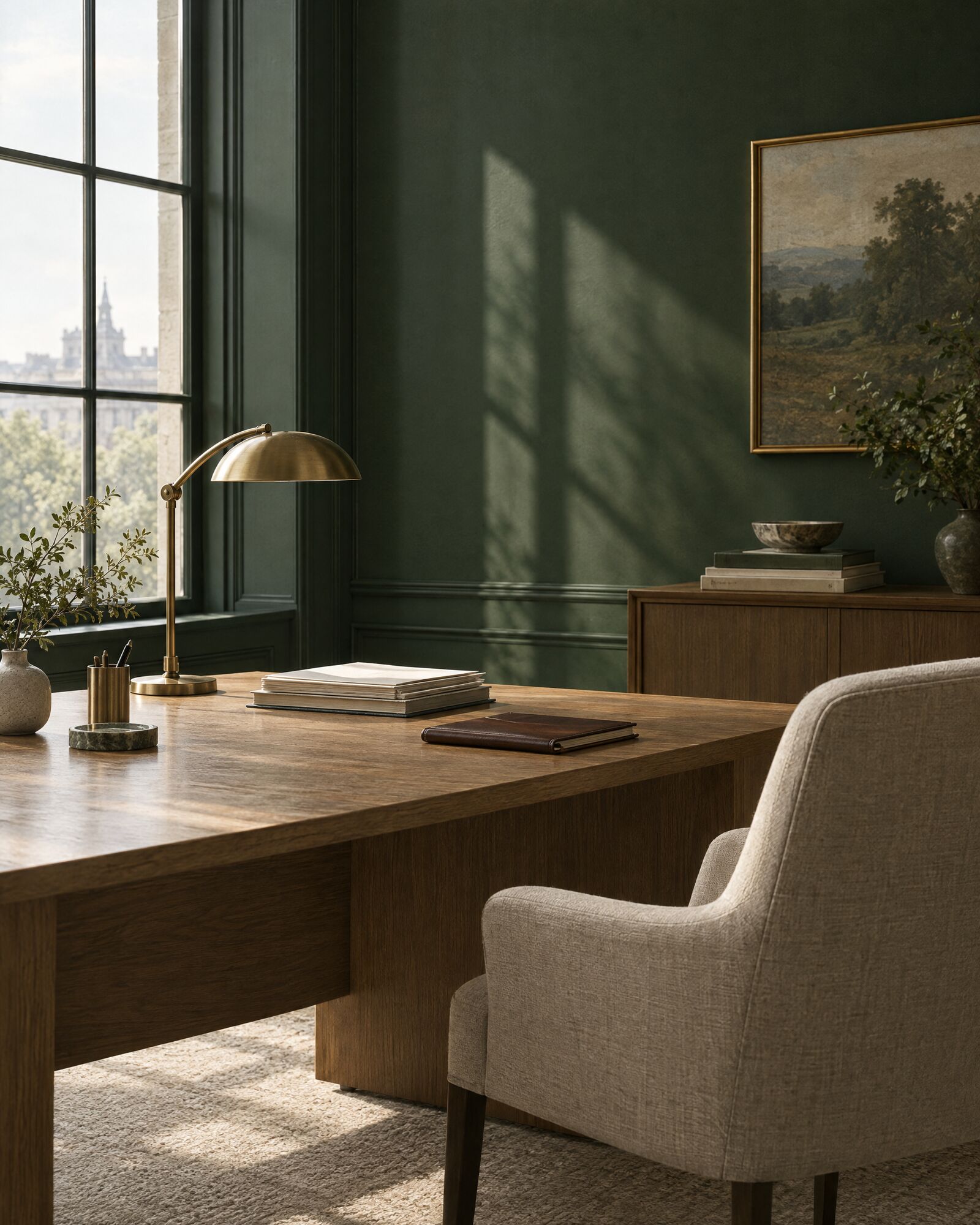 A quiet advisory office with an oak desk and brass lamp in soft morning light
