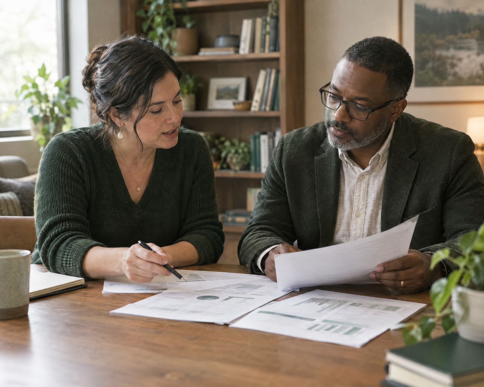 A nonprofit director and board treasurer reviewing a board financial package