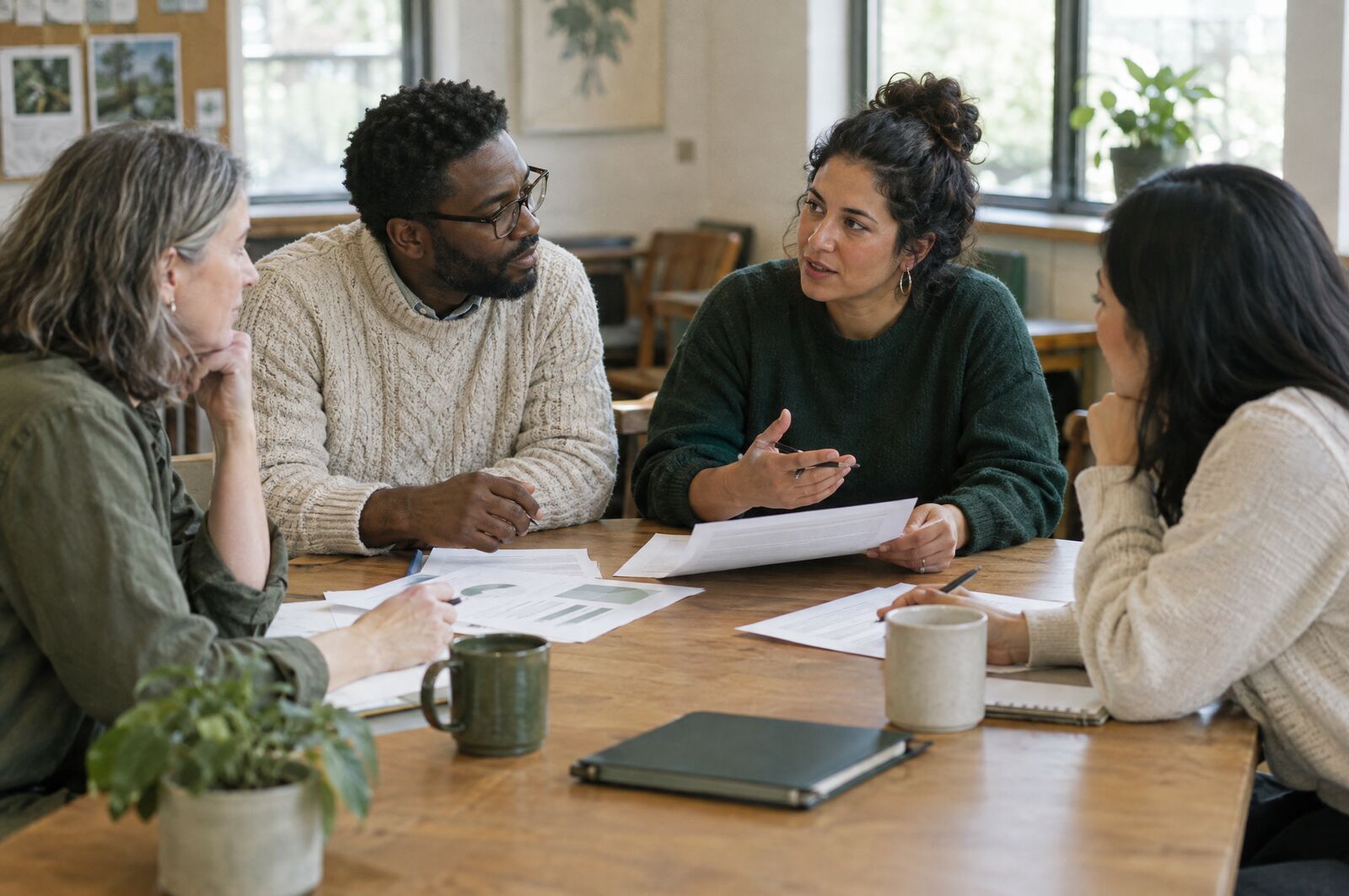 A nonprofit leadership team reviewing a budget around a table