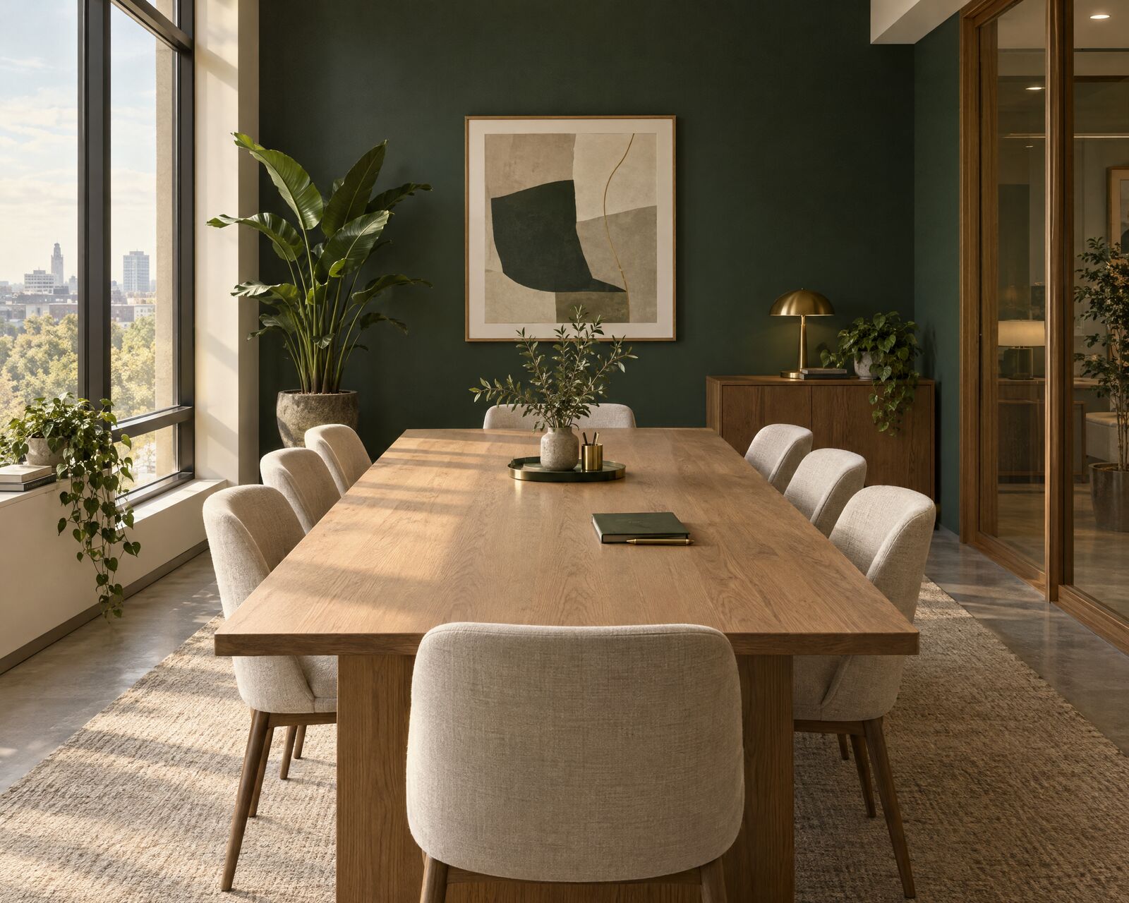 A boutique advisory office with a long oak table and a forest green wall