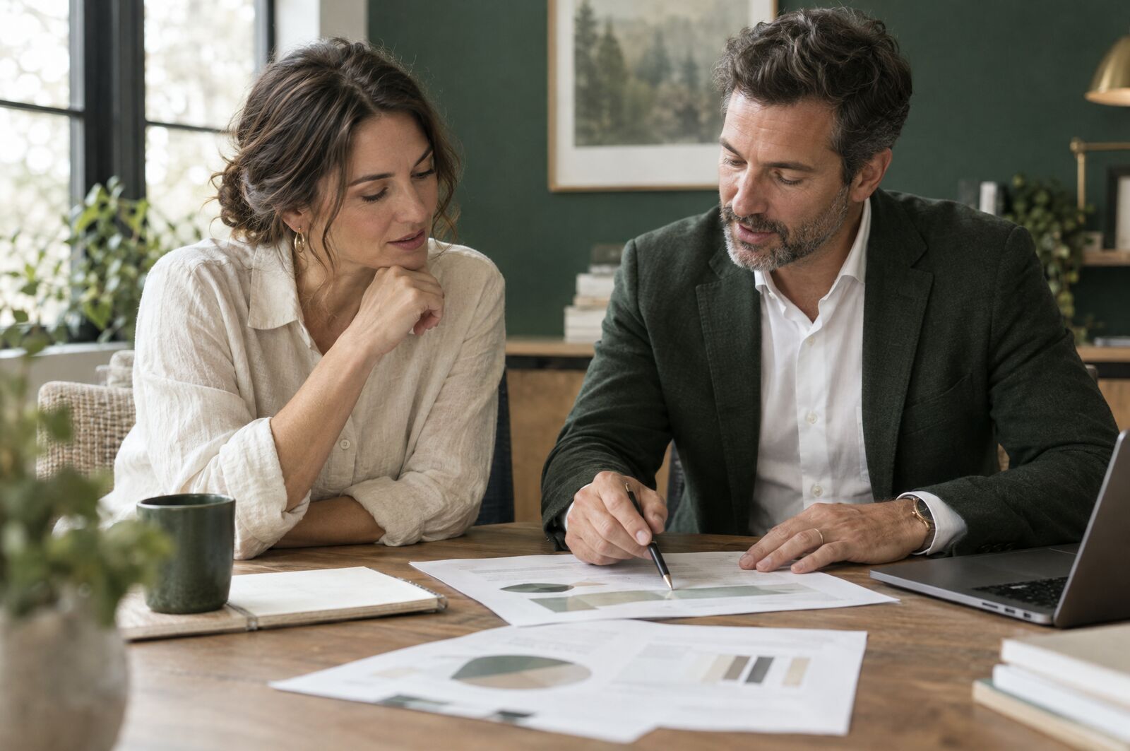 A business owner and an advisor reviewing printed financial reports together