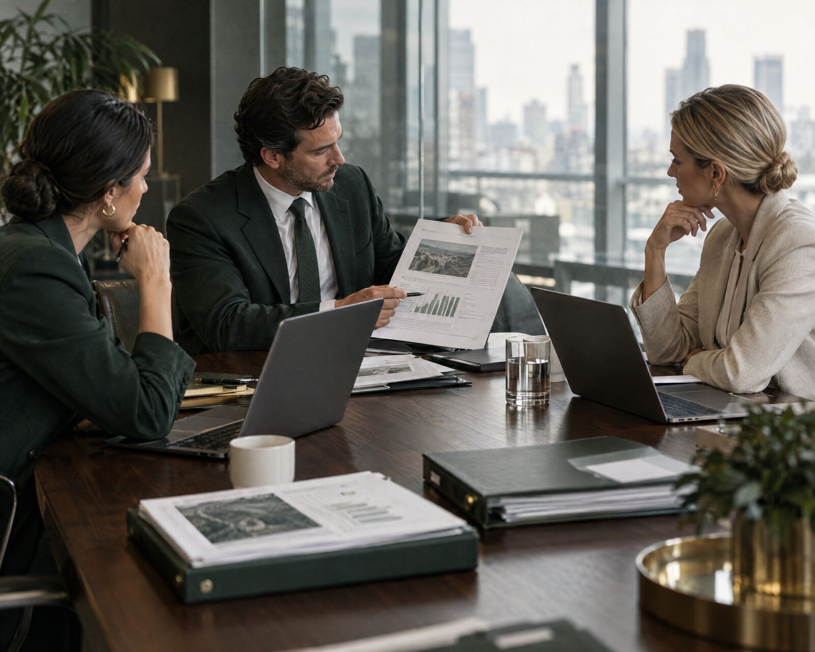 Three professionals reviewing analysis in a due diligence meeting