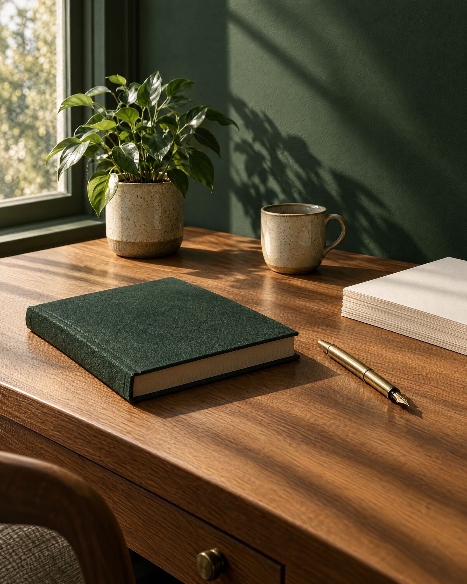 A green clothbound ledger, brass pen and ivory paper on an oak desk