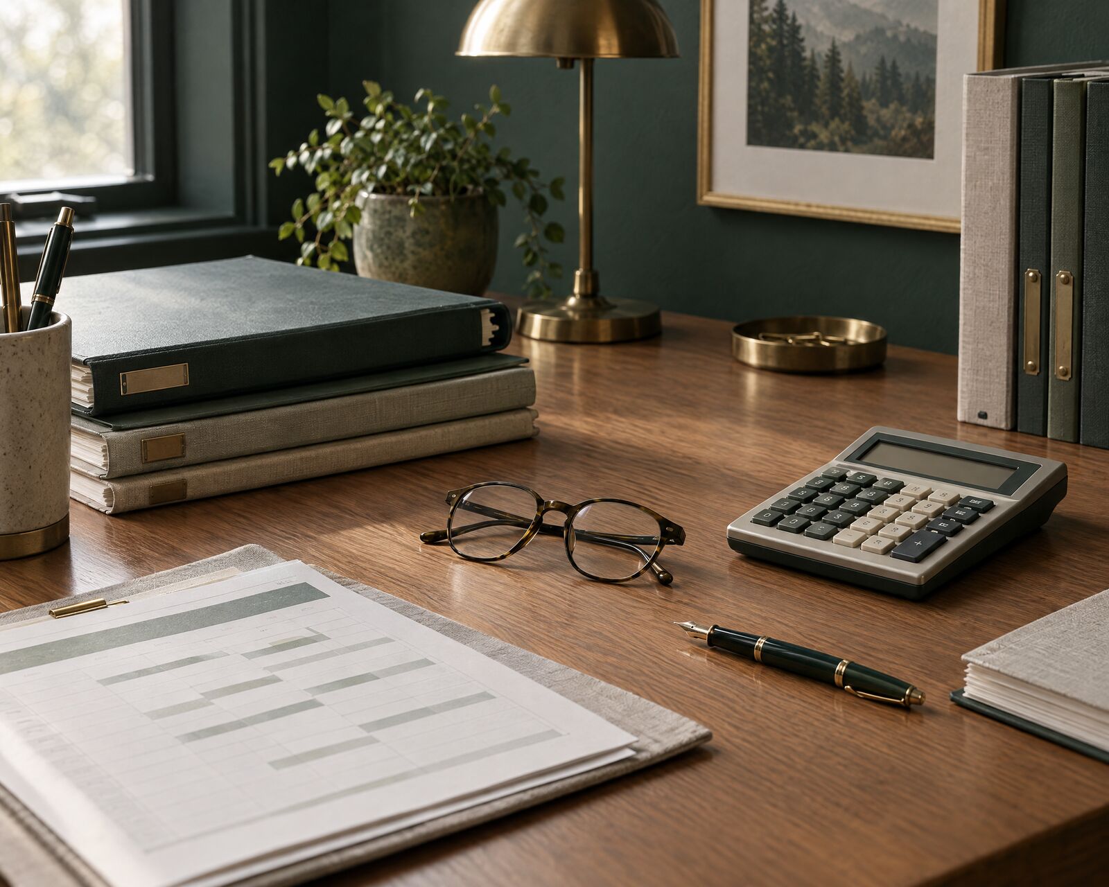 Organized schedules, a calculator and reading glasses on a tidy desk